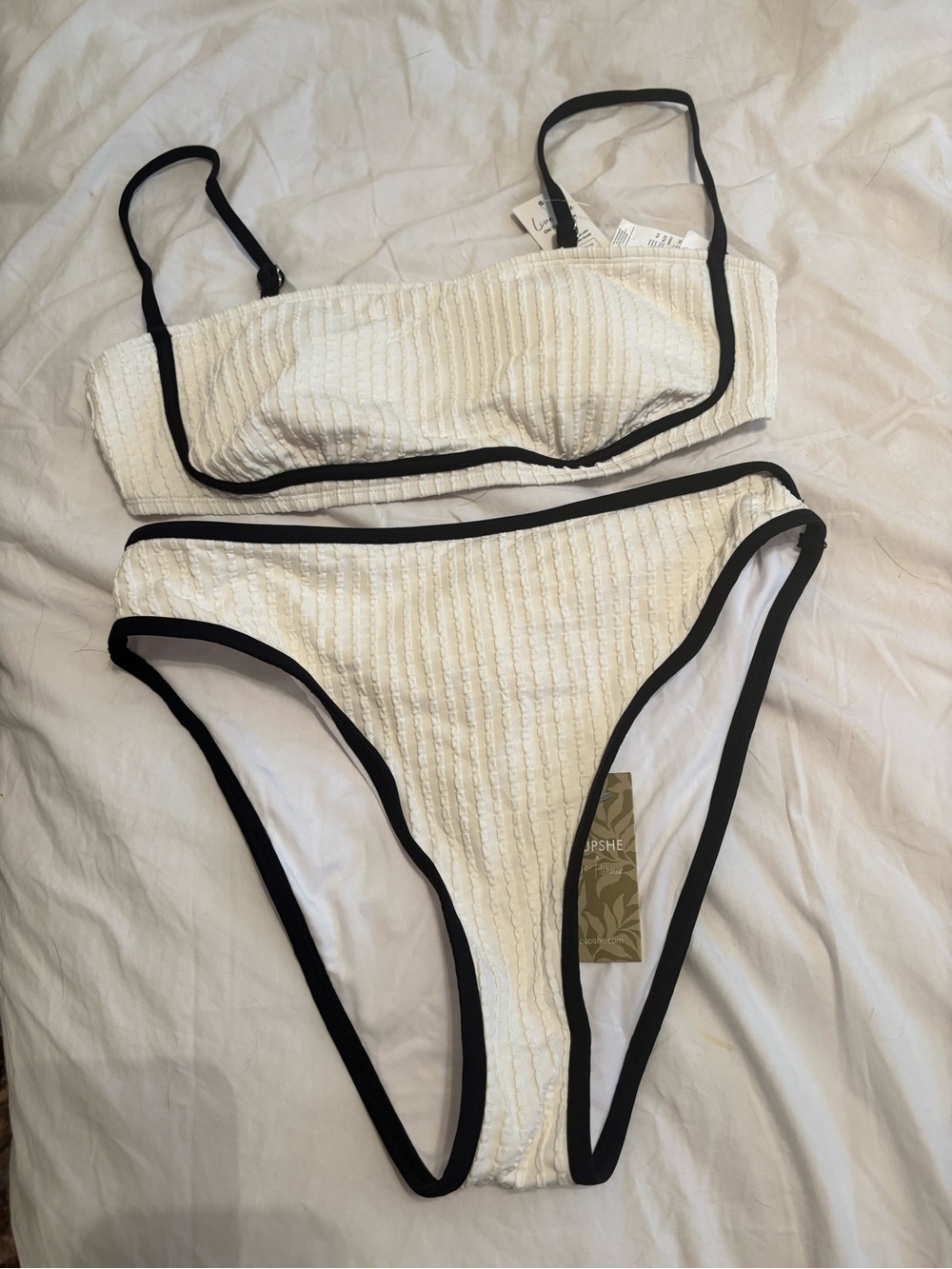 Cupshe White Textured Bandeau Bikini with Black Trim
